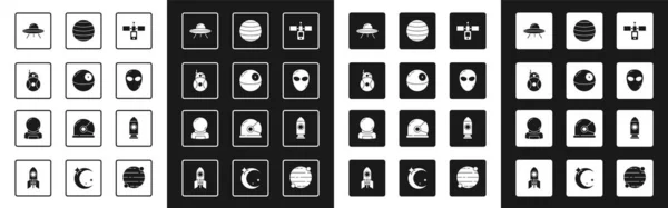 集卫星 死亡之星 机器人 飞碟飞船 外星人 金星行星 火箭和宇航员头盔图标为一体 — 图库矢量图片