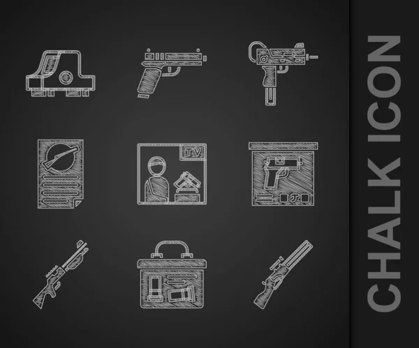 Set Arma Publicitaria Caja Municiones Militar Pistola Caza Certificado Licencia — Vector de stock