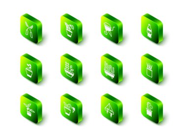 Saksıda Çiçek, çamurlu El Arabası, bir şişe su, Bitki, Kaktüs peyoti, asılı ve Spreyli bitki ikonu. Vektör