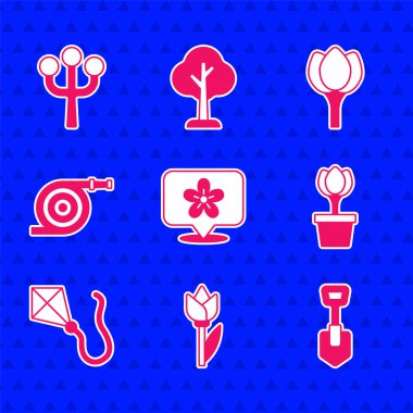 Çiçek, çiçek lalesi, kürek, saksı, uçurtma, bahçe hortumu ve çiçek ağacı ağaç dalı simgesi ile yer ayarla. Vektör