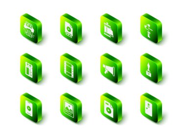 MP4 dosya belgesini, kamera rulo kartuşunu, Gimbal dengeleyiciyi, Movie kupasını, sahne arkası, Megaphone, AVI ve Photo çerçeve simgesini ayarla. Vektör