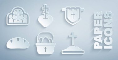 Paskalya yumurtalı sepet, Bayrak Hristiyan haçı, Ekmek somunu, Mezar, Dini kalpler ve lekeli cam ikon. Vektör