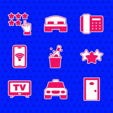 Şampanya şişesi, taksi arabası, otel kapısı, yıldız derecesi, akıllı televizyon, kablosuz cep telefonu, telefon ahizesi ve ikon. Vektör