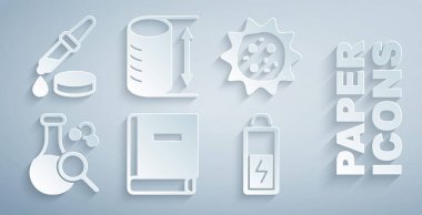 Bilim kitabını, virüsü, test tüpünü, bataryayı, yükseklik geometrik figürünü ve Pipette simgesini ayarla. Vektör