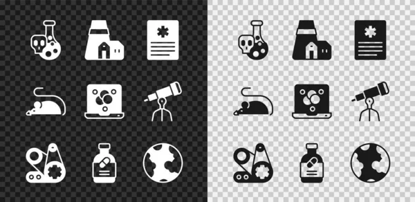 集有毒液体试管 电站工厂 病人记录 定时器工具包 药瓶和药丸 实验小鼠和化学配方图标为一体 — 图库矢量图片