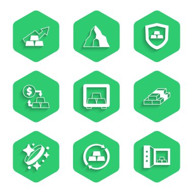 Altın külçeli kasa, altın bozdurma parası, kağıt para, yüzük, kalkan ve büyüme okları ikonu. Vektör