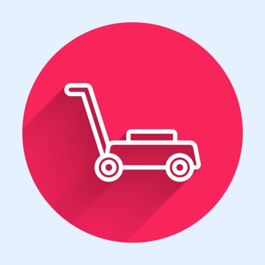 Beyaz çizgili çim biçme makinesi simgesi uzun gölgeli. Çim biçme makinesi çim biçiyor. Kırmızı daire düğmesi. Vektör.