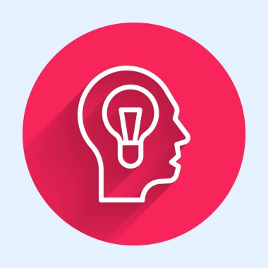 Ampul ikonu uzun gölgeli beyaz çizgi insan. Fikir kavramı. Kırmızı daire düğmesi. Vektör.