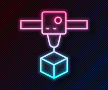 Parlayan neon hattı 3D yazıcı küp simgesi siyah arkaplanda izole edildi. 3D baskı. Vektör.