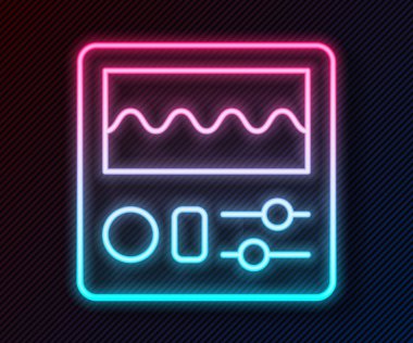Parlayan neon hattı Drum makinesi simgesi siyah arkaplanda izole edildi. Müzik aletleri. Vektör.