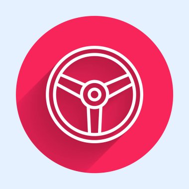 Beyaz çizgili direksiyon simgesi uzun gölge arkaplanı ile izole edilmiş. Araba tekeri ikonu. Kırmızı daire düğmesi. Vektör