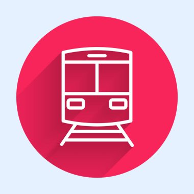 Beyaz hat tren ve demiryolu ikonu uzun gölgeli arka planda izole edildi. Toplu taşıma sembolü. Metro treni nakliyesi. Metro yeraltı. Kırmızı daire düğmesi. Vektör