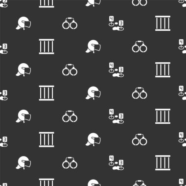 Suç mahalli, hapishane penceresi, polis miğferi ve kelepçeleri kusursuz şekilde yerleştirin. Vektör