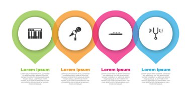 Müzik sentezleyicisi, mikrofon, bateri ve bagaj çubukları ve müzikal diyapazon ayarla. Ticari bilgi şablonu. Vektör