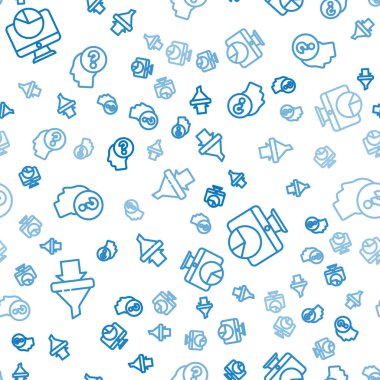 Satışları oklu huni olarak ayarla, grafik grafikli bilgisayar monitörü ve kusursuz desenli soru işareti olan insan kafası. Vektör.