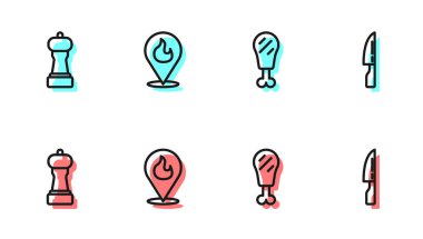 Tavuk budu, Pepper, ateş alevi ve barbekü bıçağı ikonu olan bir yer ayarla. Vektör