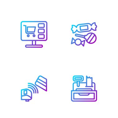 Hat yazarkasa makinesi, kredi kartı olan POS terminali, bilgisayar ve Candy 'deki alışveriş arabası. Renk simgeleri. Vektör