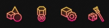 Satır Isometric küp, temel geometrik şekiller, 3D yazıcı ve. Parlayan neon ikonu. Vektör