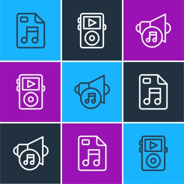 Satır MP3 dosya belgesi, Hoparlör sesi ve Müzik çalar simgesini ayarla. Vektör