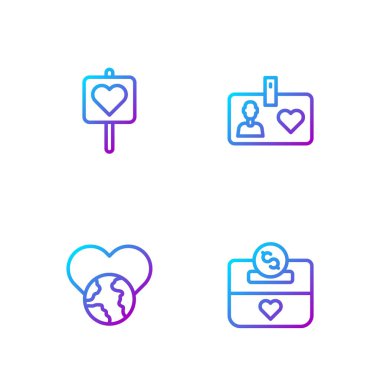 Bağış ve hayır işi, kalp dünyası, aşk, konum ve gönüllü kimlik kartı. Renk simgeleri. Vektör