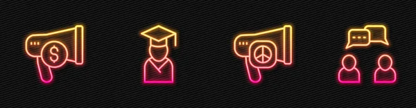 Imposta linea Pace, Megafono e dollaro, Graduate graduation cap e Speech bubble chat. Icona luminosa al neon. Vettore — Vettoriale Stock