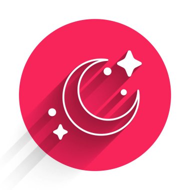 Beyaz Ay ve yıldız ikonu uzun gölgelerle izole edilmiş. Kırmızı daire düğmesi. Vektör