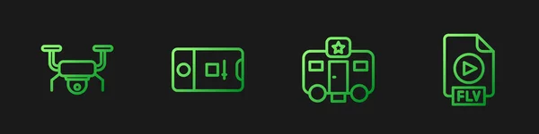 Set lijn Acteur aanhangwagen, Drone vliegen, Foto en video schieten en FLV-bestand document. Gradiënt kleurpictogrammen. Vector — Stockvector