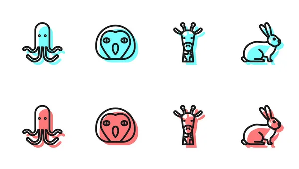 Set line Cabeza de jirafa, pulpo, búho y conejo icono. Vector — Vector de stock