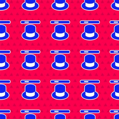 Mavi Sihirli şapka ve ikon kırmızı arka planda izole edilmiş kusursuz desen. Sihir numarası. Gizemli eğlence konsepti. Vektör