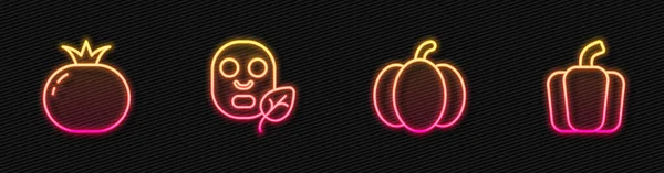 Set line Calabaza, Tomate, mascarilla cosmética facial y pimiento. Icono de neón brillante. Vector — Vector de stock