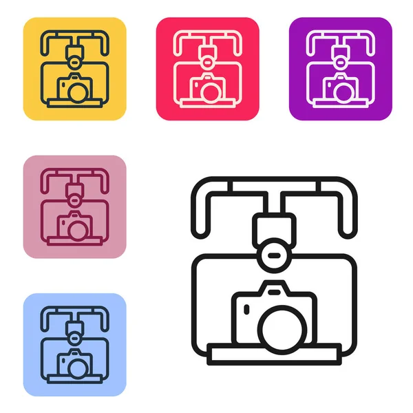 Black Line Gimbal-Stabilisator mit DSLR-Kamera-Symbol isoliert auf weißem Hintergrund. Setzen Sie Symbole in farbigen quadratischen Tasten. Vektor — Stockvektor