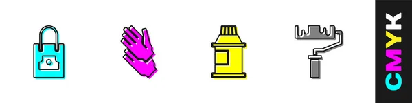 Set Spray peut embout de buse, gants en caoutchouc, peinture, gouache, pot, colorant et icône de brosse à rouleaux. Vecteur — Image vectorielle