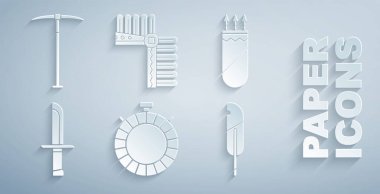 Kantin su şişesi, oklu Quiver, askeri bıçak, tüy kalem, Hint başlığı tüyleri ve kazma ikonu. Vektör