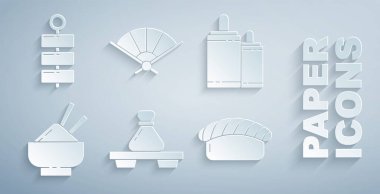 Hamur köftelerini kesme tahtasına, Firework 'e, çubuklu pirinç kasesine, suşiye, Çin usulü katlama vantilatörüne ve ikona koy. Vektör