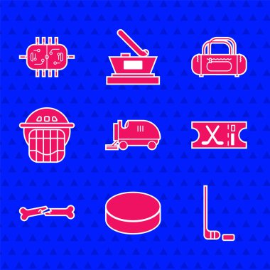 Buz yüzeyi, hokey diski, hokey sopası, spor bileti, kırık kemik, miğfer, spor çantası ve masa ikonu. Vektör