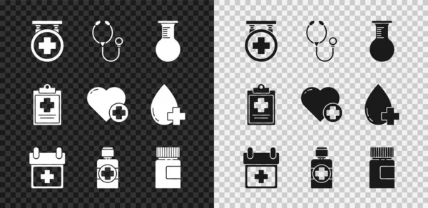 Set Hospital signboard, Stethoscope, Test tube and flask, Doctor appointment, Bottle of Medicine syrup, Medicine bottle, Medical clipboard with clical record and Heart cross icon. Вектор — стоковий вектор