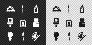 Protektör, Kalem, İşaretleyici, Ampul, Palet bıçağı, Paletli Boya fırçası, Sprey başlık ve Resim simgesini ayarla. Vektör