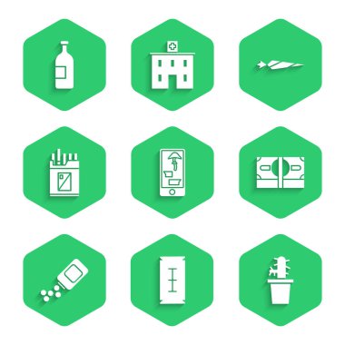 Telefonla uyuşturucu satın alma, Blade ustura, Kaktüs peyote esrar, kağıt para, ilaç şişesi ve haplar, açık sigara paketi, marihuana dükkanı ve alkol ikonu. Vektör