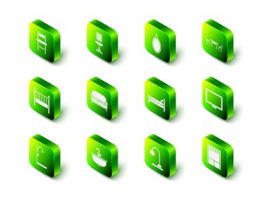 Ofis koltuğu, ayna, ahşap masa, resim çerçevesi, gardırop, yatak, masa lambası ve lavabo musluğu ikonu. Vektör