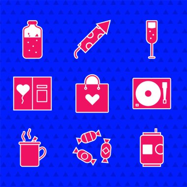 İçinde kalp, şeker, bira kutusu, vinil çalar, sıcak şarap, tebrik kartı, bir kadeh şampanya ve ikon olan alışveriş torbası. Vektör