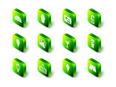 Dondurmayı waffle külahına koyun, Bavul, Lütfen rahatsız etmeyin, Güneş kremi tüpü, yüzme şortu, Martini bardağı, ve yazılı otel simgesiyle pano. Vektör