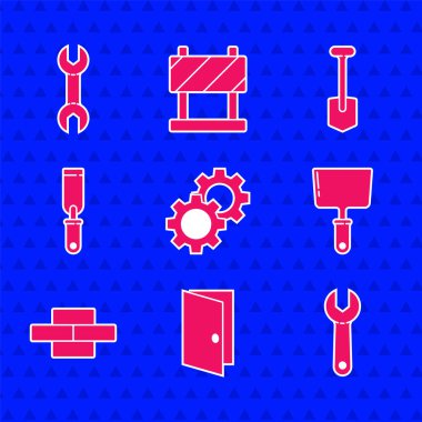 Gear, kapalı kapı, İngiliz anahtarı, macun bıçağı, tuğla, Rasp metal dosyası, kürek ve simge. Vektör