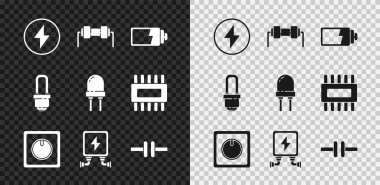 Yıldırım, Direnç elektriği, pil şarj seviyesi göstergesi, elektrik anahtarı, trafo, devre şeması, LED ampul ve diyot ikonu yayma ayarları. Vektör