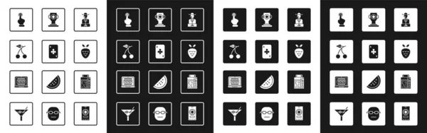 Set Poker speler, Speelkaart met clubs, Casino gokautomaat kers, Hand holding casino chips, aardbei, poker trofee beker, Dek van speelkaarten en Laptop pictogram. Vector — Stockvector