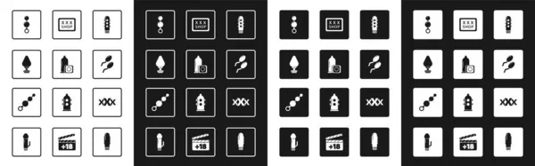 Set Dildo vibrator, Condom, Anal plug, beads, Sperm, Sex shop, and icon. Vector — Vector de stock