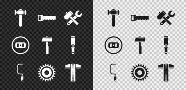 Conjunto de martillo, sierra de mano, llave llave inglesa, sierra, hoja circular, línea T-cuadrado, toma de corriente eléctrica y el icono. Vector — Archivo Imágenes Vectoriales