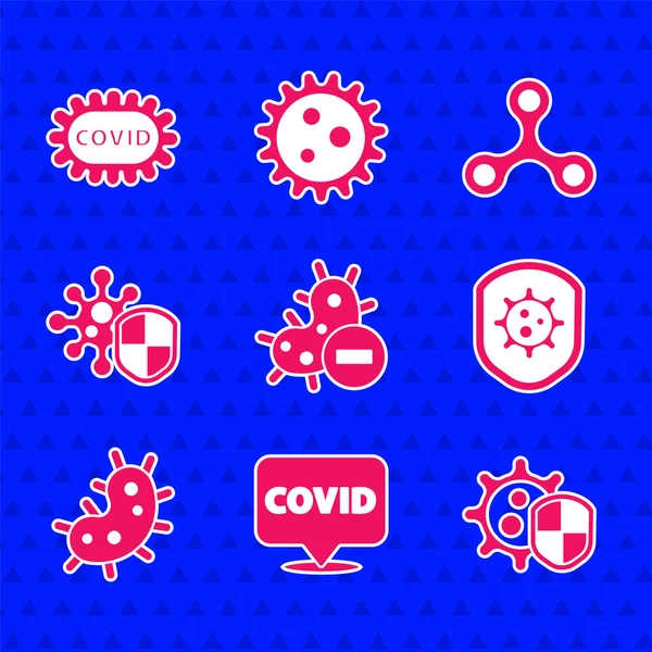Establecer virus negativo, Corona covid-19 en la ubicación, Escudo de protección, Virus, y el icono. Vector — Archivo Imágenes Vectoriales