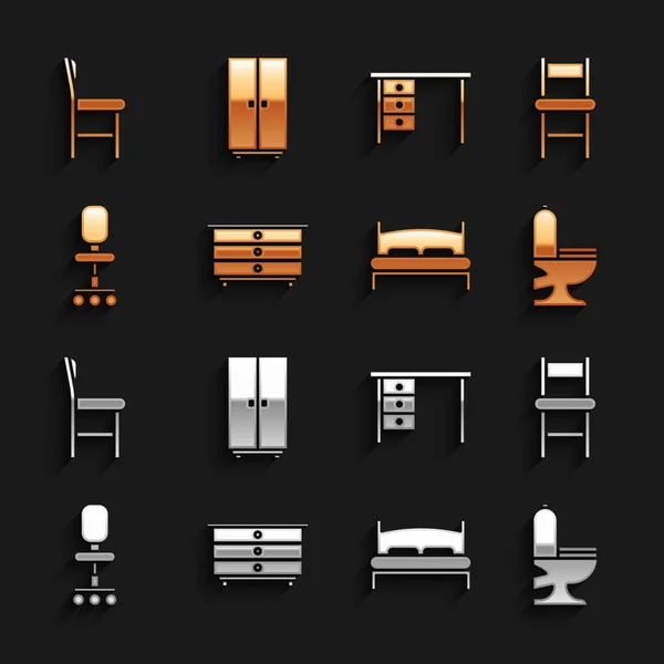 Set Ladekast, stoel, toiletpot, groot bed, bureaustoel, bureau en kledingpictogram. Vector Stockvector