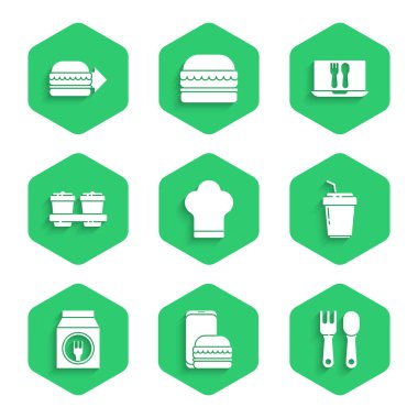 Şef şapkası, internetten sipariş ve teslimat, çatal kaşık, kahve fincanı ve hamburger ikonu hazırla. Vektör