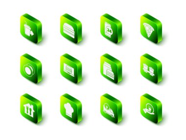 Set Burger, yemek siparişi, pizza dilimi, paket kahve fincanı, online servis, burger, arabayla hızlı ve şef şapkası ikonu. Vektör